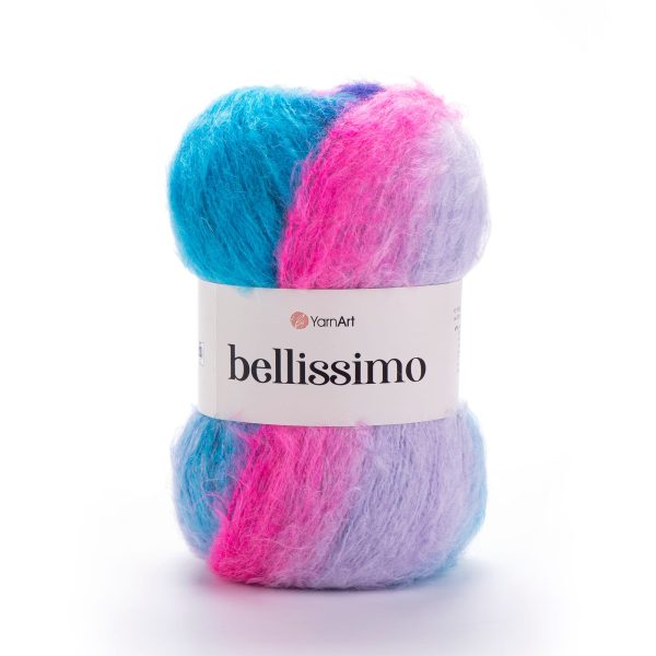 YarnArt Bellissimo yarn skein color 1407, soft fluffy mohair acrylic blend yarn with color changing effect for knitting