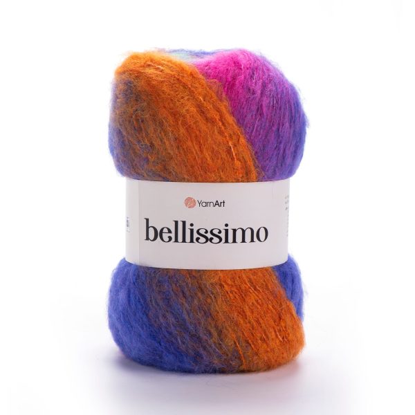 YarnArt Bellissimo yarn skein color 1421, soft fluffy mohair acrylic blend yarn with color changing effect for knitting