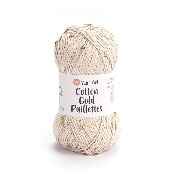 Alize Cotton Gold Paillettes sequin yarn skein 7104, sparkly cotton-acrylic yarn perfect for elegant knitting and crochet garments.
