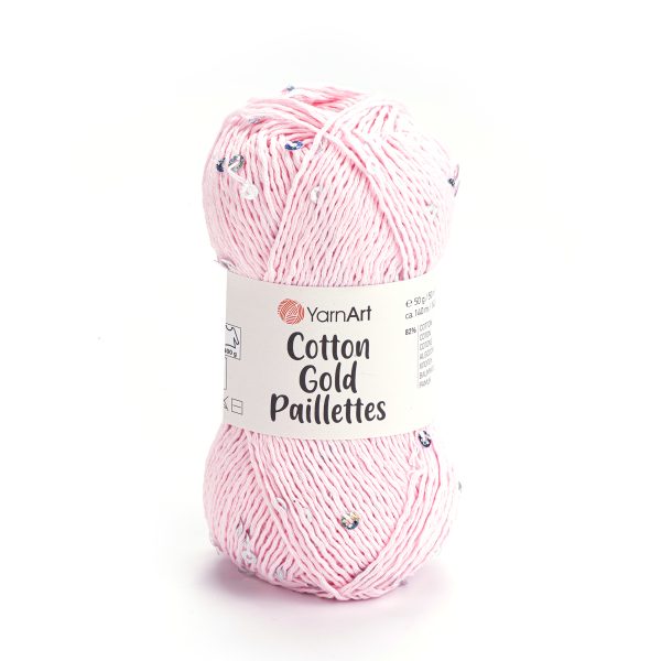 Alize Cotton Gold Paillettes sequin yarn skein 7107, sparkly cotton-acrylic yarn perfect for elegant knitting and crochet garments.