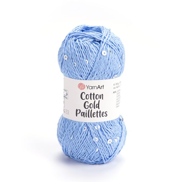 Alize Cotton Gold Paillettes sequin yarn skein 7110, sparkly cotton-acrylic yarn perfect for elegant knitting and crochet garments.