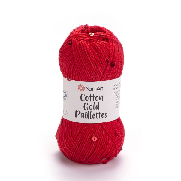 Alize Cotton Gold Paillettes sequin yarn skein color red 7115, sparkly cotton-acrylic yarn perfect for elegant knitting and crochet garments.
